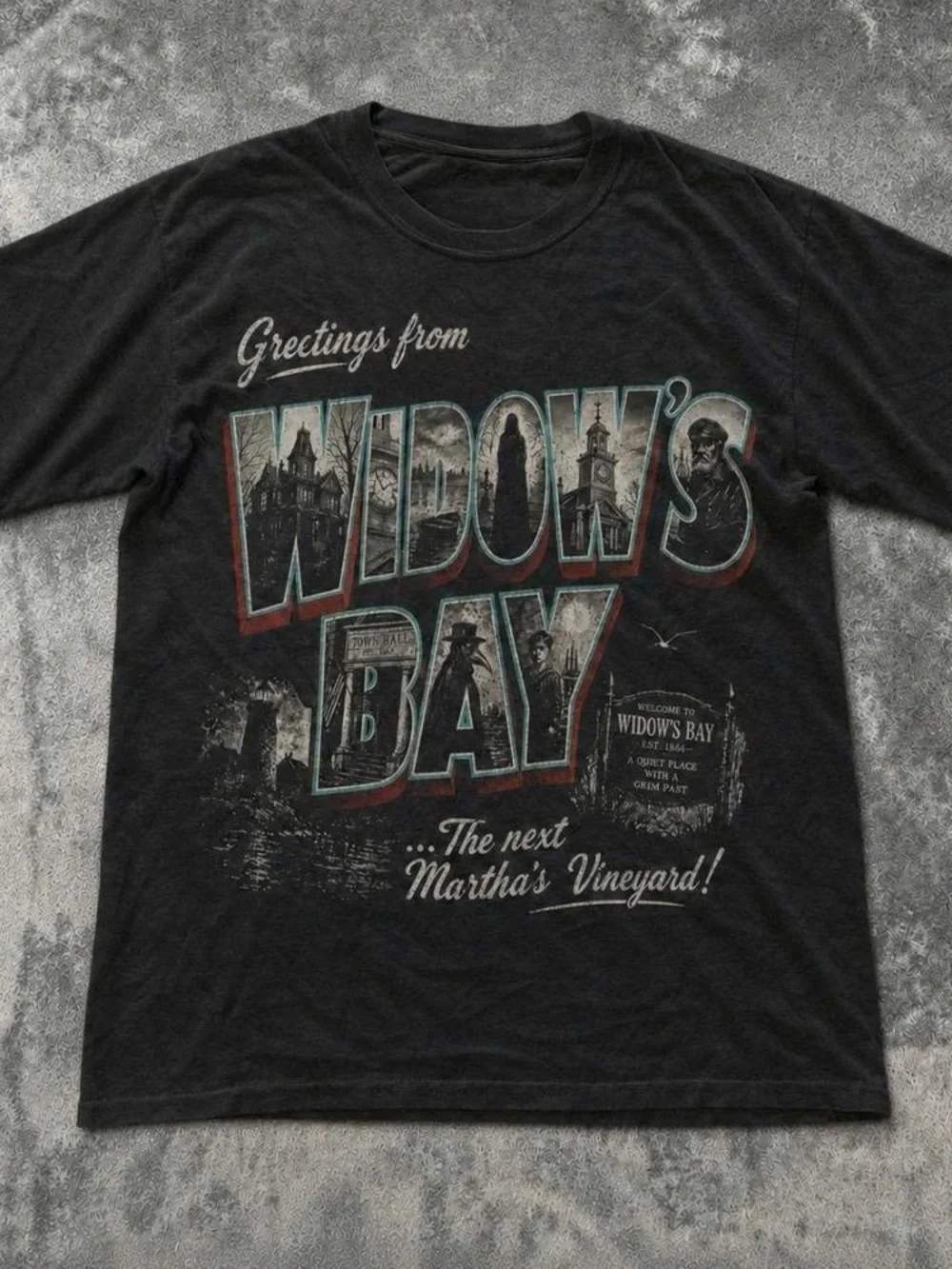 Greetings From Widow's Bay Black Graphic Tee
